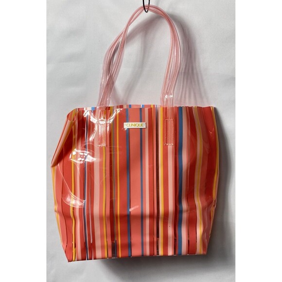 Clinique Beach Tote Bag Peach Pink Red Yellow Blue Multicolored PVC 13.5”x16”x4” - Picture 1 of 4